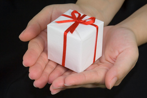 Small wrapped gift in open hands — rolling machine starter kit and gift guide