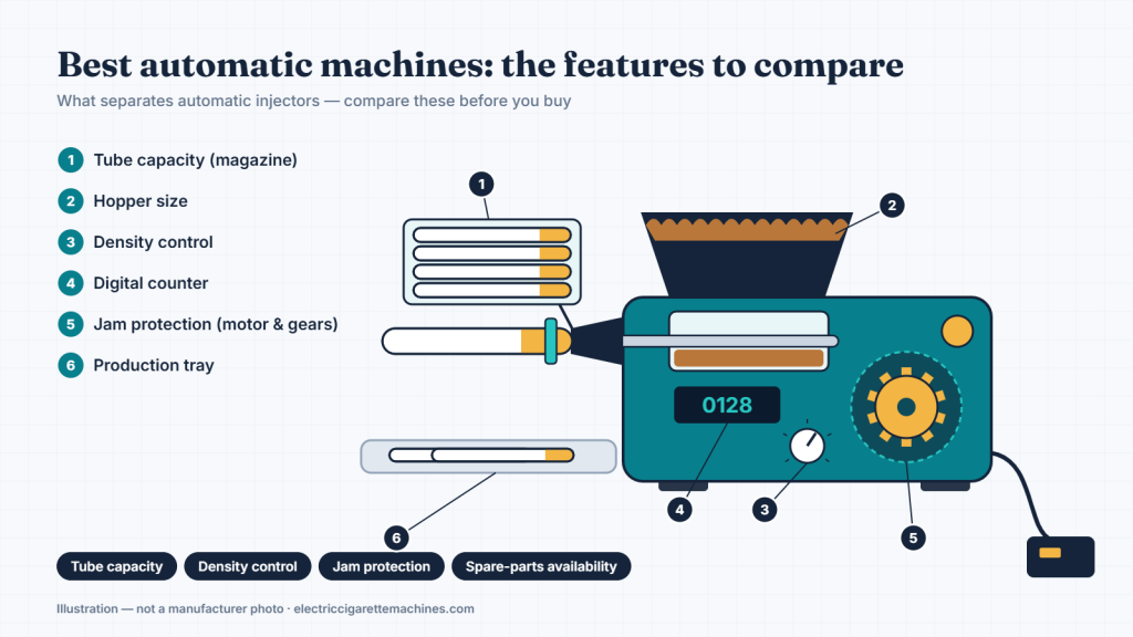 Illustration of an automatic electric injector highlighting tube magazine, hopper, density control, counter, jam protection and production tray
