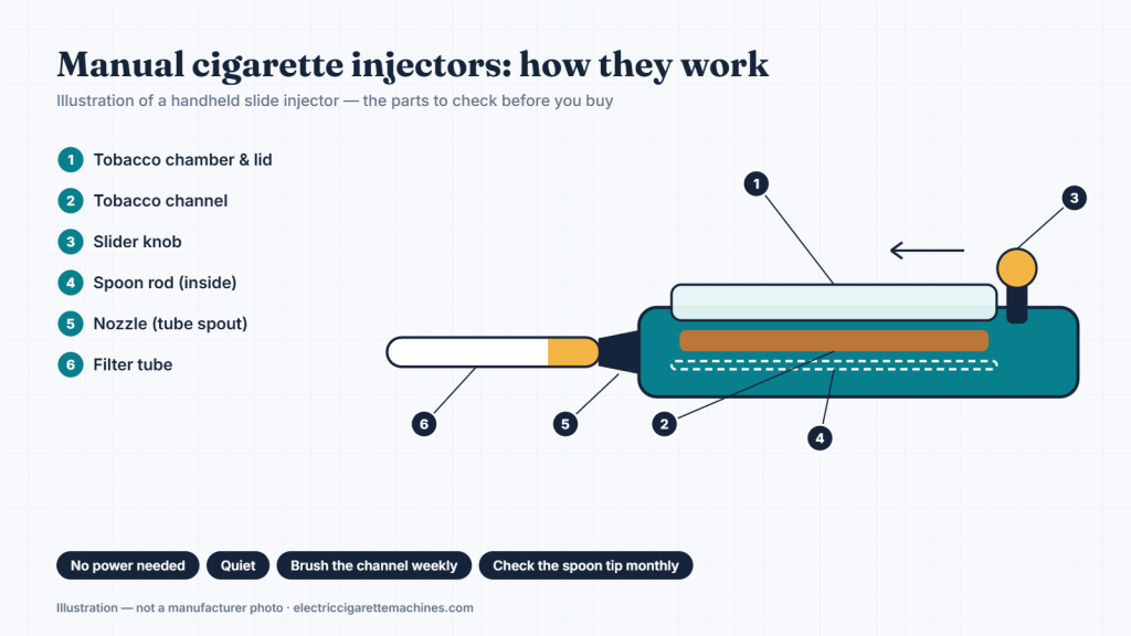 Illustration of a handheld slide injector with chamber lid, tobacco channel, slider knob, spoon rod, nozzle and filter tube labelled