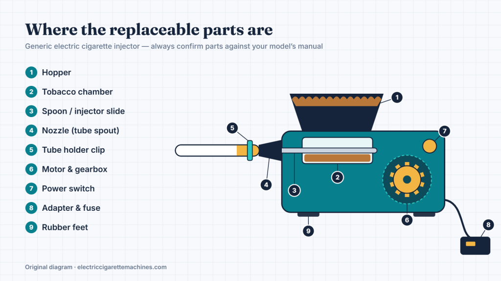 Diagram of a generic electric cigarette injector with nine numbered replaceable parts: hopper, tobacco chamber, spoon, nozzle, tube holder clip, motor and gearbox, power switch, adapter and fuse, rubber feet