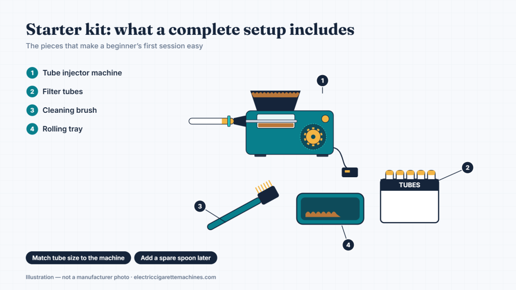 Illustration of a starter kit: tube injector machine, filter tubes, cleaning brush and rolling tray
