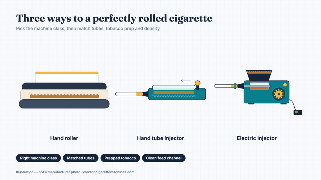 Illustration of three machine types: hand roller, hand tube injector and electric injector