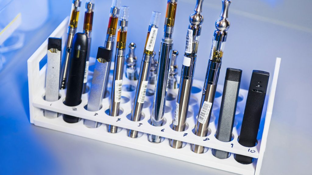 A display rack of assorted vaping devices