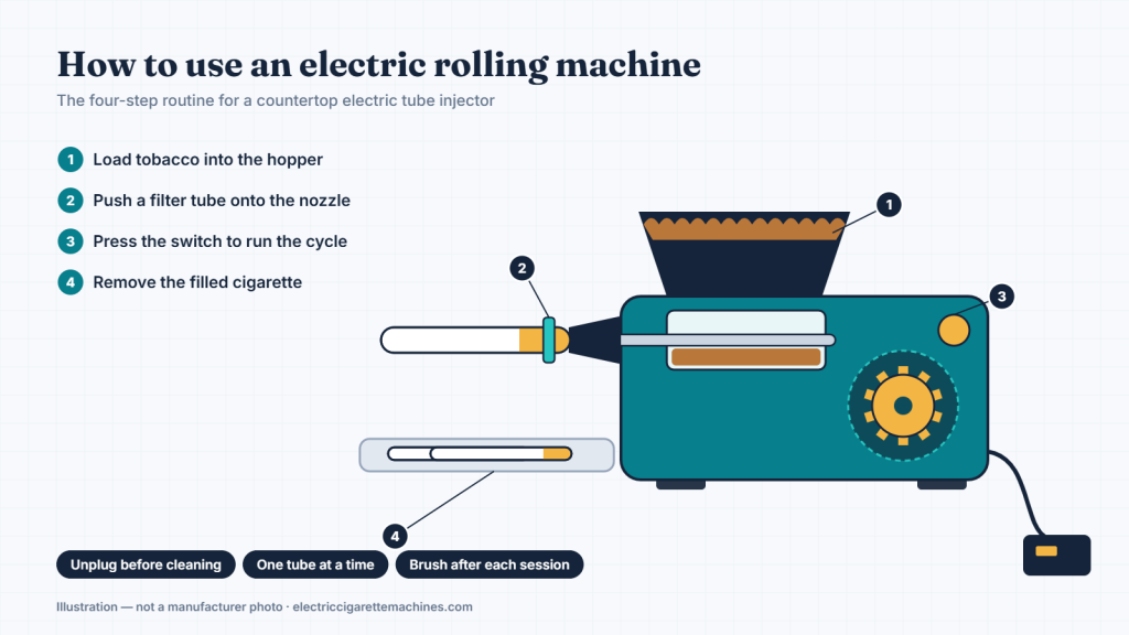 Illustration of the four steps to use an electric rolling machine on a countertop injector
