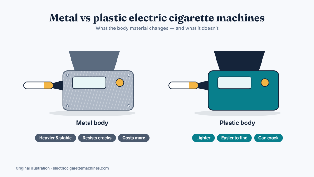 Illustration comparing a brushed-metal electric cigarette machine with a plastic one: metal is heavier, resists cracks and costs more; plastic is lighter, easier to find and can crack