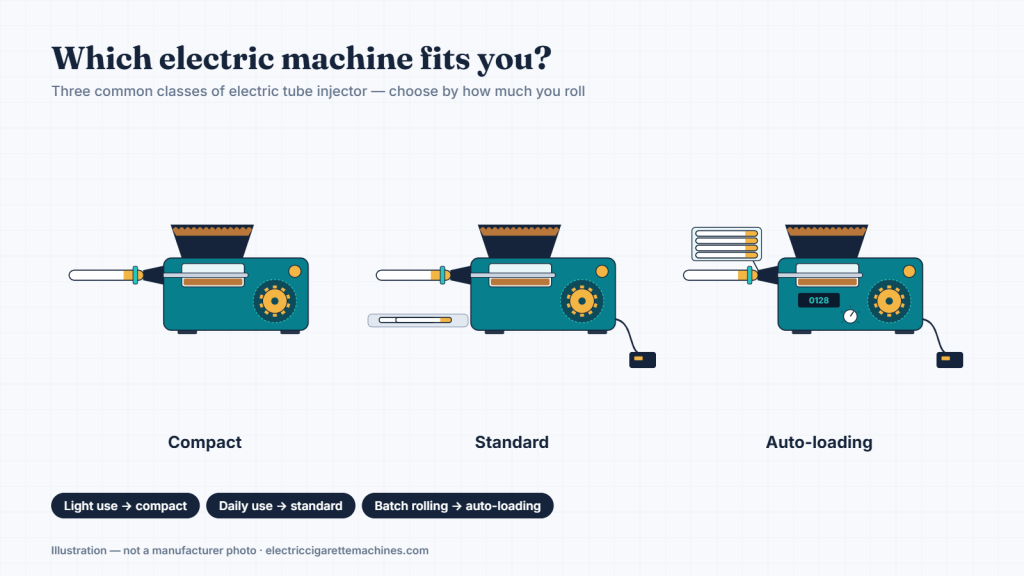 Illustration of three classes of electric injector: compact, standard and auto-loading